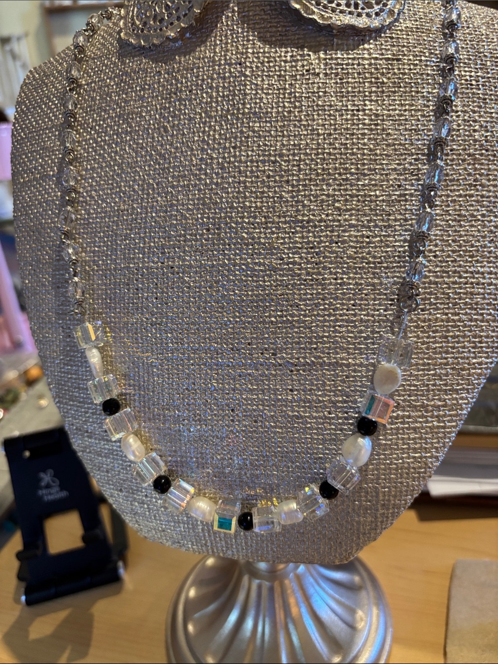 Clear Beaded Necklace with Black Accent Beads - Women Jewelry